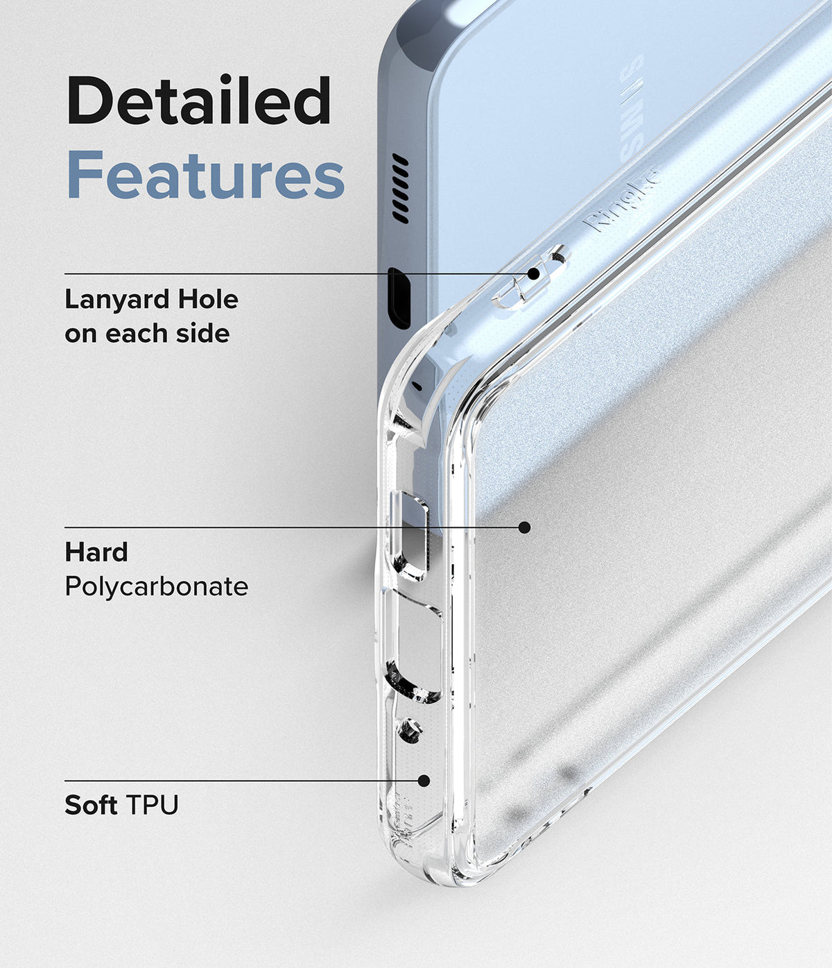 Galaxy A53 5G Case | Fusion - Diagram showing lanyard holes, hard polycarbonate back, and soft TPU bumper on a clear phone case.