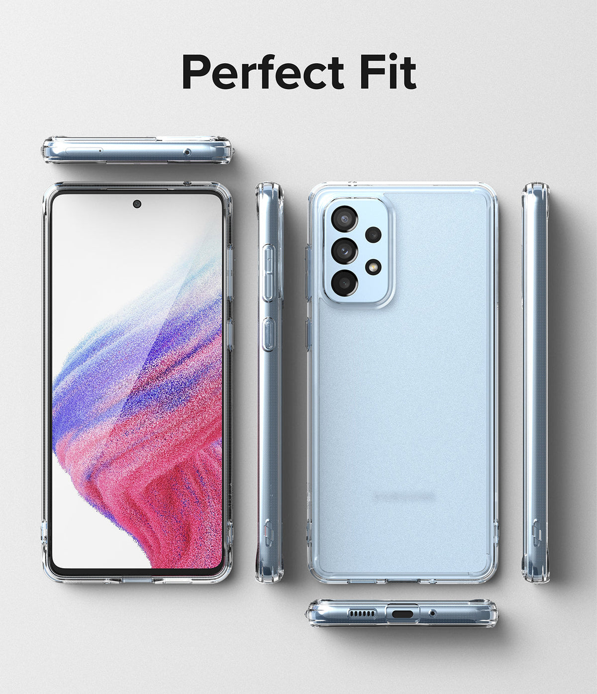 Galaxy A53 5G Case | Fusion - Clear phone case shown from multiple angles around a Galaxy A53 5G with a colorful screen.