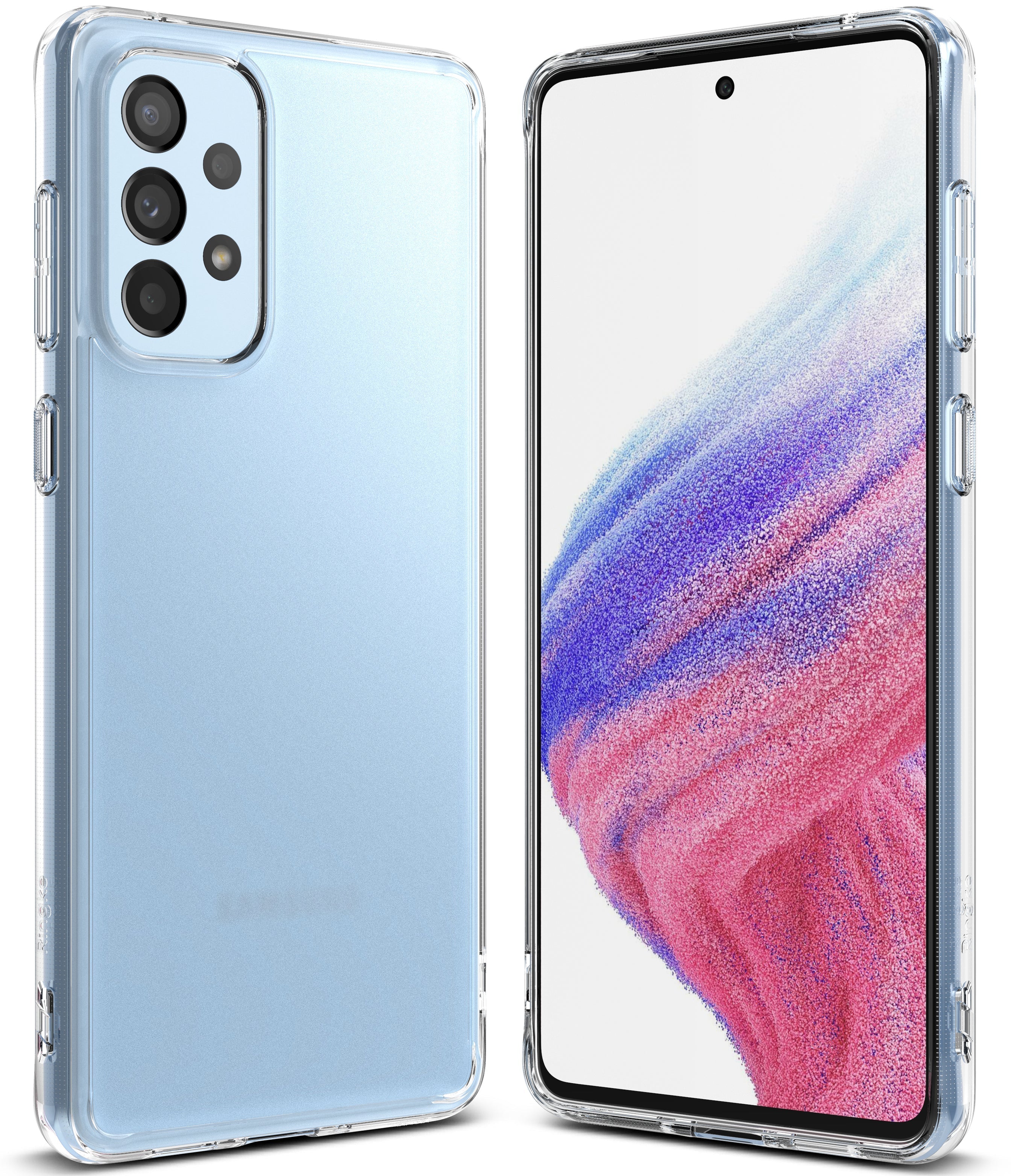 Galaxy A53 5G Case | Fusion - Front and back views of a light blue Samsung phone inside a clear protective case.