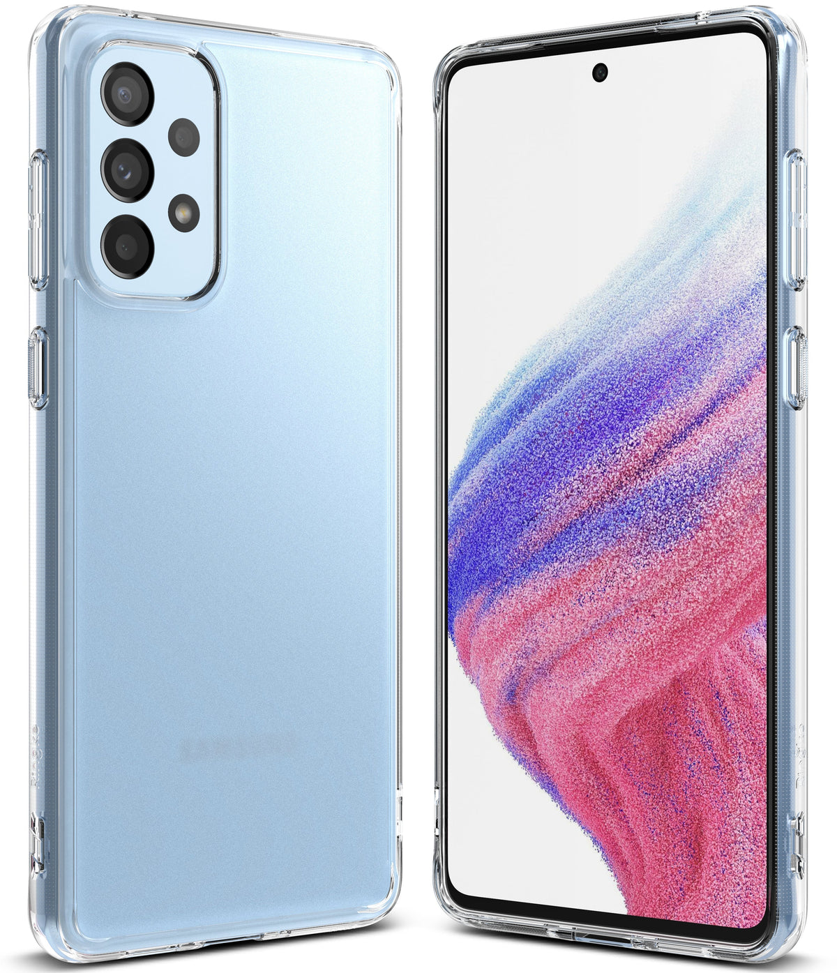 Galaxy A53 5G Case | Fusion - Front and back views of a light blue Samsung phone inside a clear protective case.