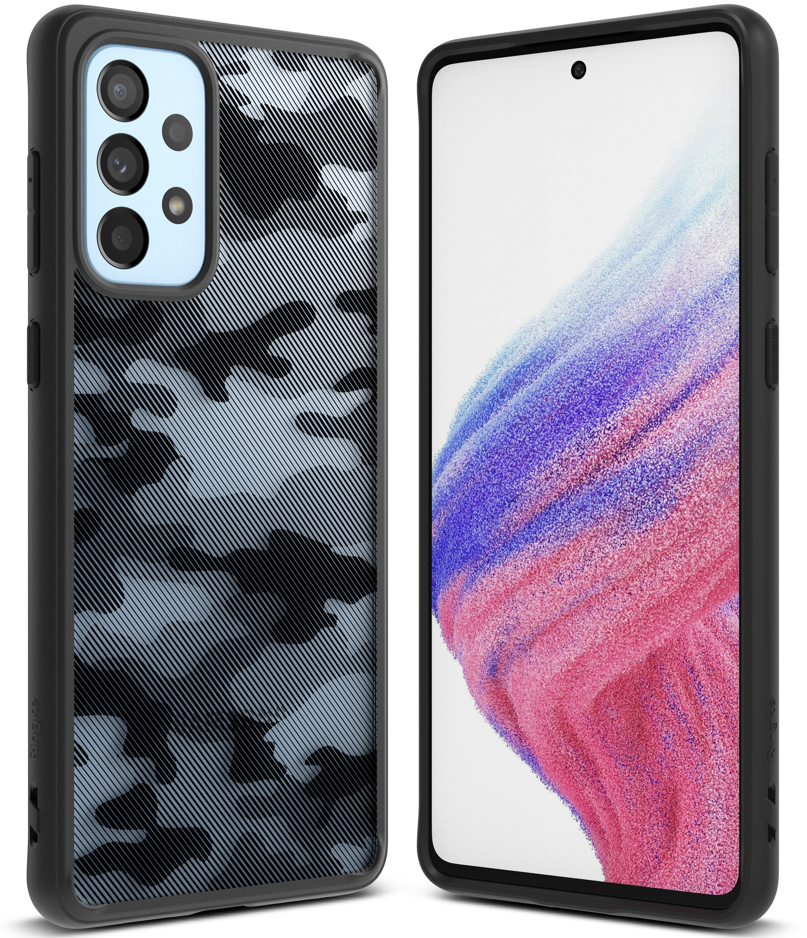 Galaxy A53 5G Case | Fusion - Black camouflage phone case shown from back and front views on a white background.