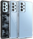 Galaxy A53 5G Case | Fusion - Three Galaxy A53 phones in black camo, clear, and matte clear Fusion cases side-by-side.