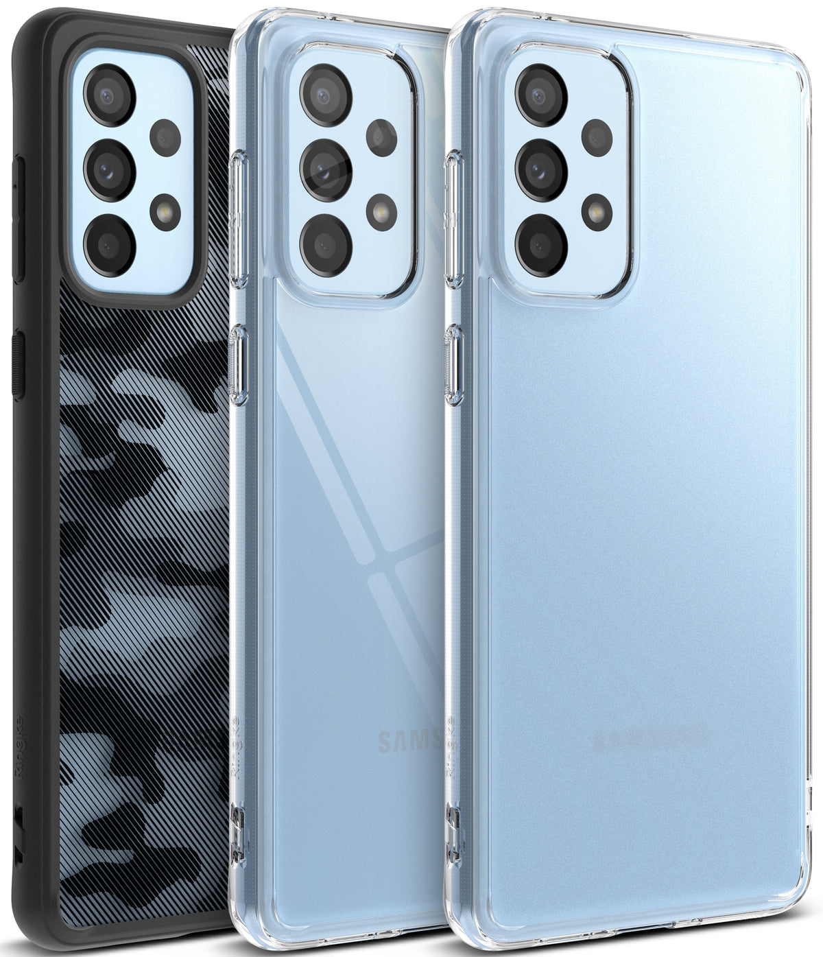 Galaxy A53 5G Case | Fusion - Three Galaxy A53 phones in black camo, clear, and matte clear Fusion cases side-by-side.