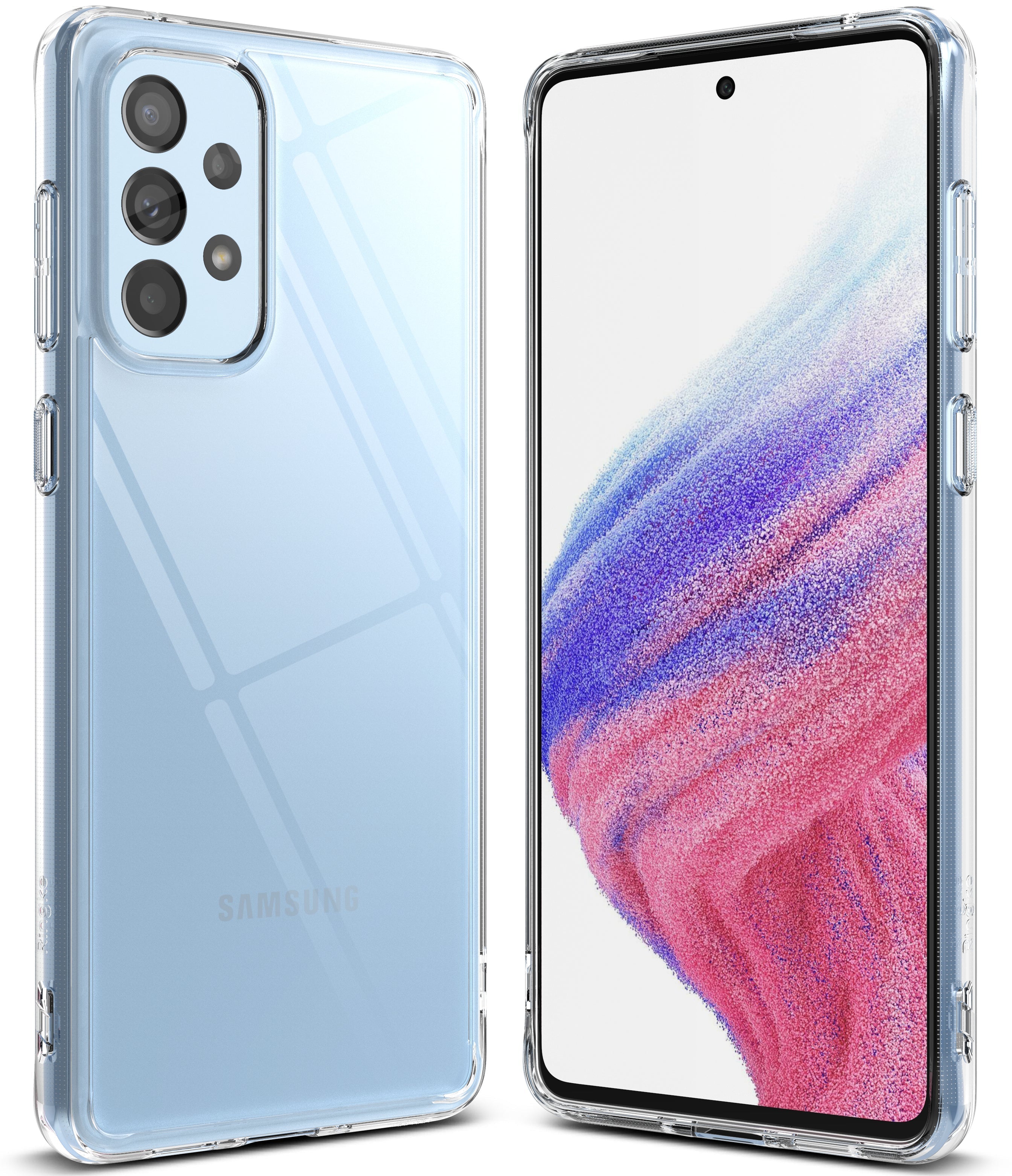 Galaxy A53 5G Case | Fusion - Clear protective case on a light blue Samsung Galaxy A53 5G, showing front and back views.