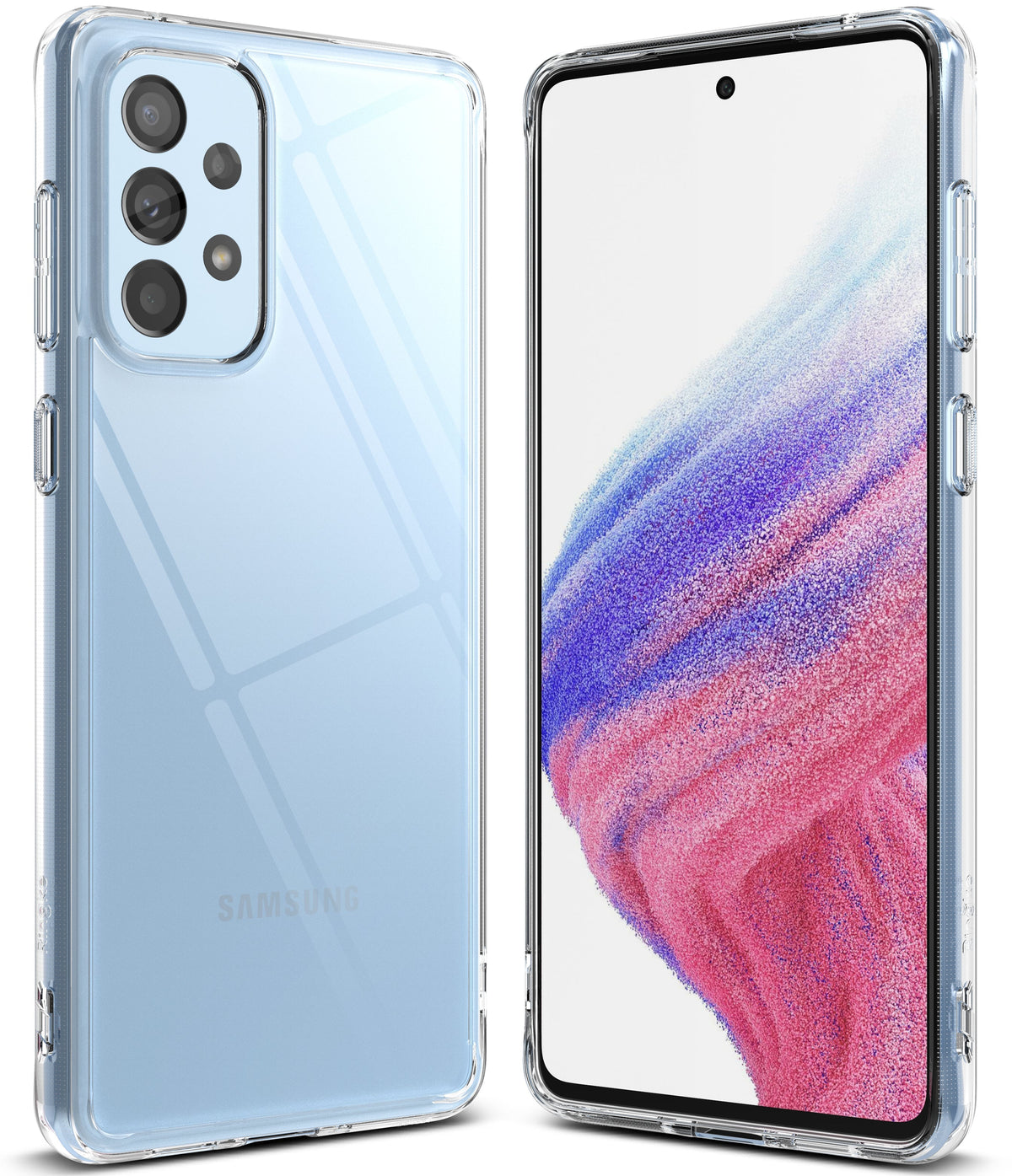 Galaxy A53 5G Case | Fusion - Clear protective case on a light blue Samsung Galaxy A53 5G, showing front and back views.