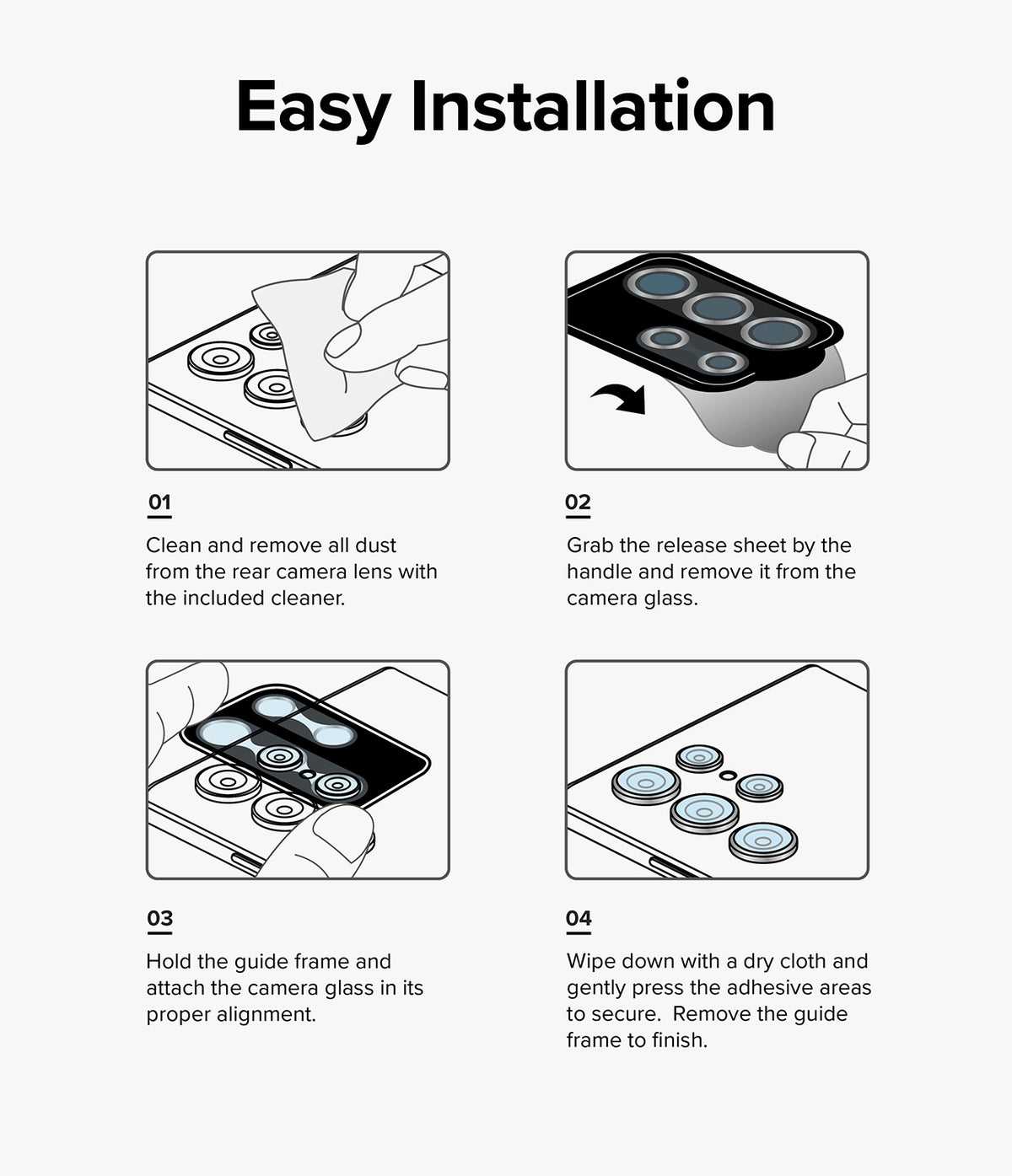 Galaxy A54 5G Camera Lens Protector | Camera Lens Frame Glass - Galaxy A54 5G Camera Lens Protector - Four-step illustrated guide showing how to clean, peel, align, and install the lens protector.