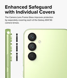 Galaxy A54 5G Camera Lens Protector | Camera Lens Frame Glass - Galaxy A54 5G Camera Lens Protector - Three black individual lens covers aligning with a light green phone's camera array.