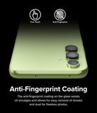Galaxy A54 5G Camera Lens Protector | Camera Lens Frame Glass - Galaxy A54 5G Camera Lens Protector - Green phone with black lens protectors, featuring anti-fingerprint icons and text.