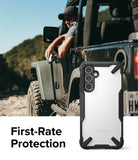 Galaxy A54 Case | Fusion-X - Rugged black and clear phone case shown against a man in a Jeep with First-Rate Protection text.