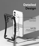 Galaxy A54 Case | Fusion-X - Exploded view of a black protective phone case highlighting hard PC, soft TPU, and lanyard holes.
