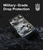 Galaxy A54 Case | Fusion-X - Camouflage phone case on rocky ground with military-grade drop protection text and badge.