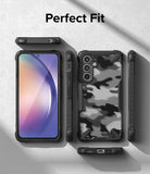 Galaxy A54 Case | Fusion-X - Exploded view of a black camo phone case showing front, back, and side profiles on a textured gray background.