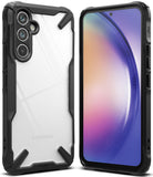 Galaxy A54 Case | Fusion-X - Clear back phone case with a rugged black bumper frame shown from front and back angles.