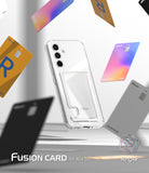 Galaxy A54 Case | Fusion Card - Clear phone case with a built-in card slot floating amidst various colorful credit cards.