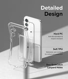 Galaxy A54 Case | Fusion Card - Exploded view of a clear phone case highlighting hard PC, soft TPU, and lanyard holes.