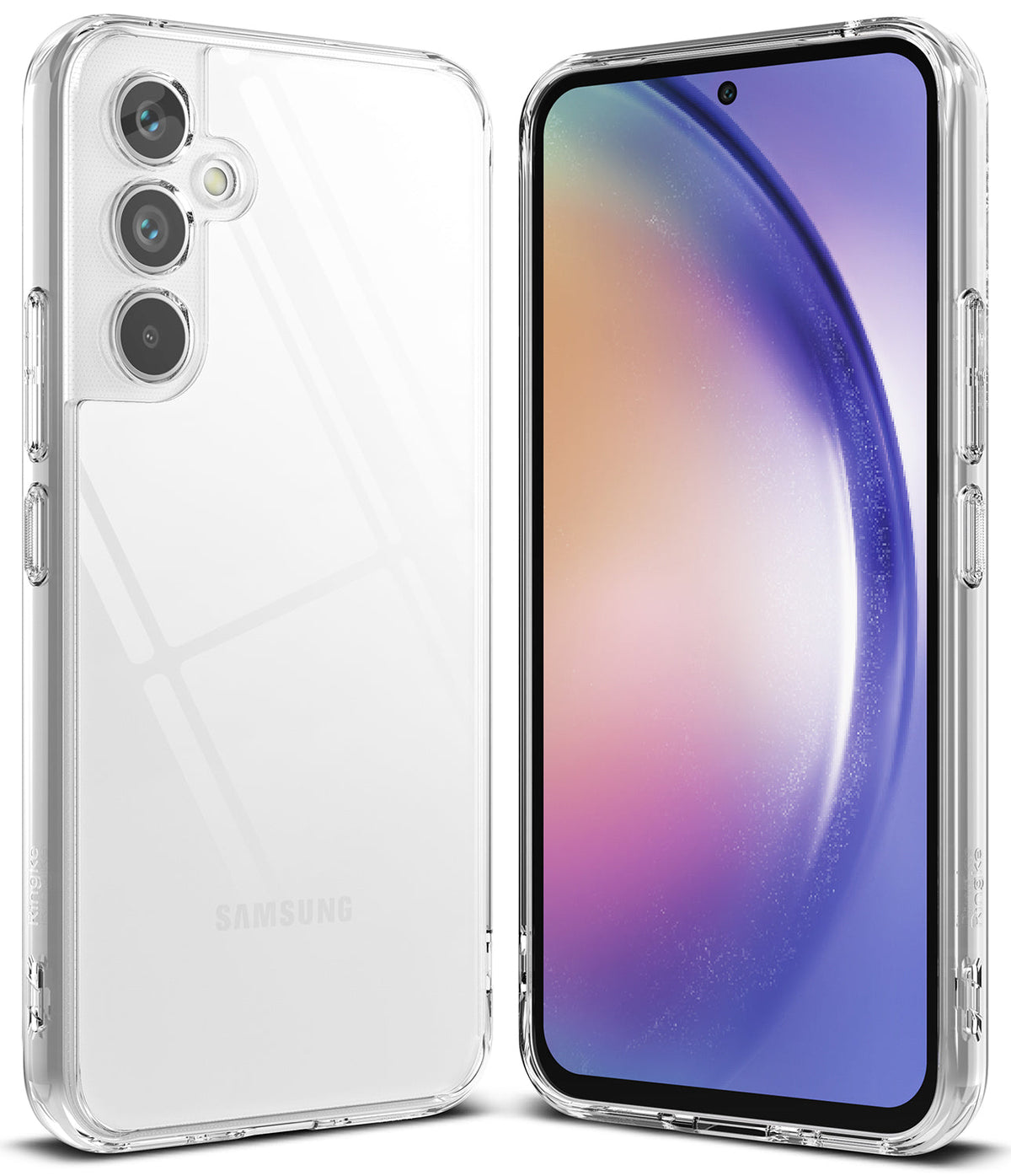 Galaxy A54 Case | Fusion - Clear protective case shown from front and back angles on a Samsung Galaxy A54 smartphone.