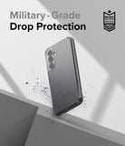 Galaxy A54 Case | Fusion - Clear phone case floating above a gray surface with military-grade drop protection text and badge.