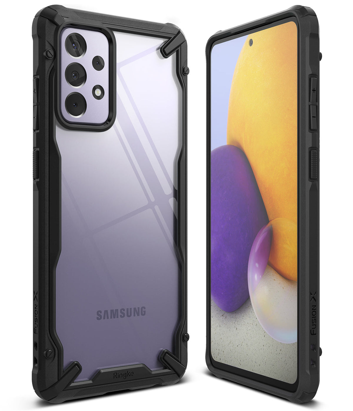 Galaxy A72 Case | Fusion-X - Black rugged protective case with clear back panel shown from front and rear angles.