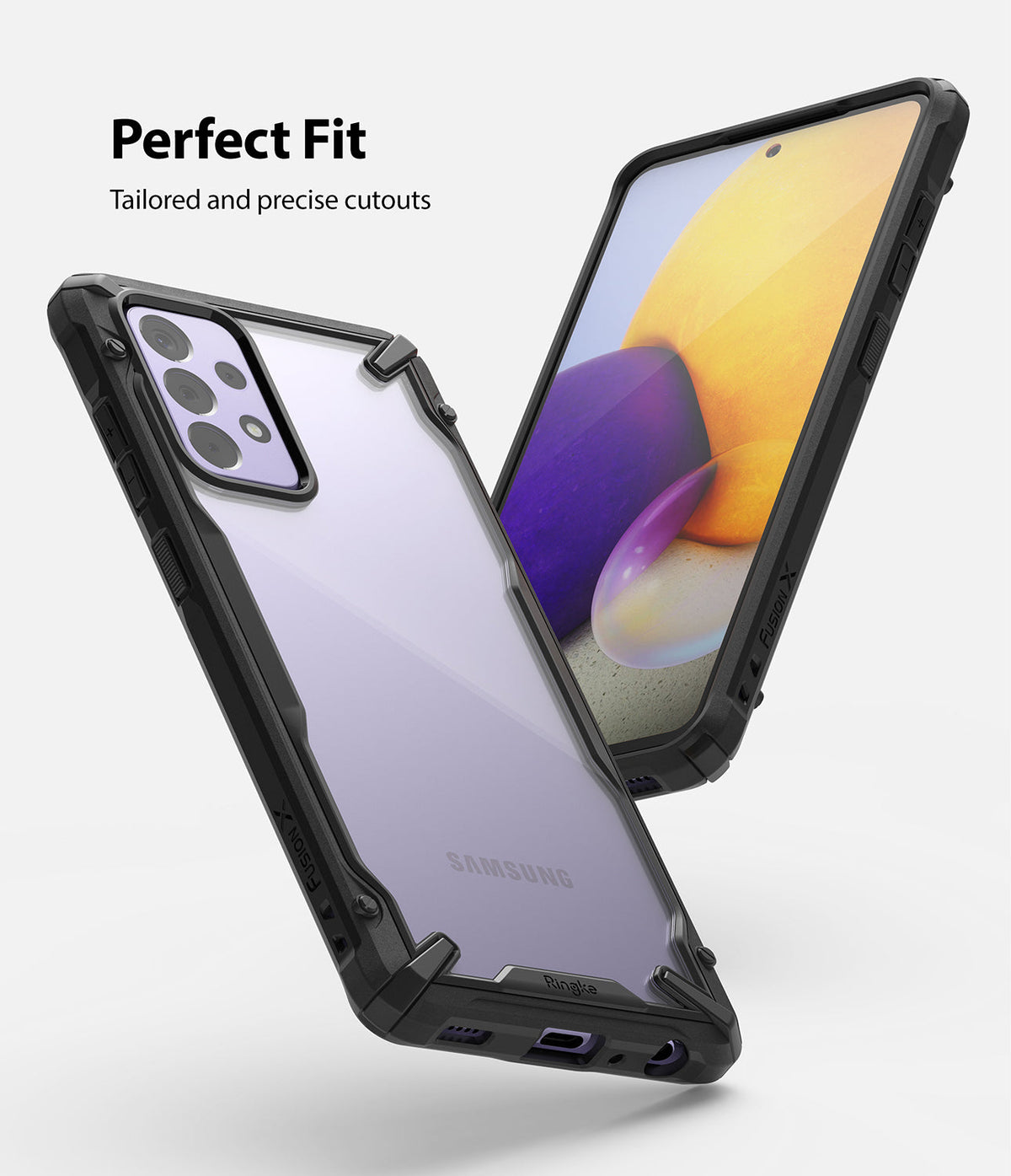 Galaxy A72 Case | Fusion-X - A black rugged phone case with a clear back panel shown from front and back angles.