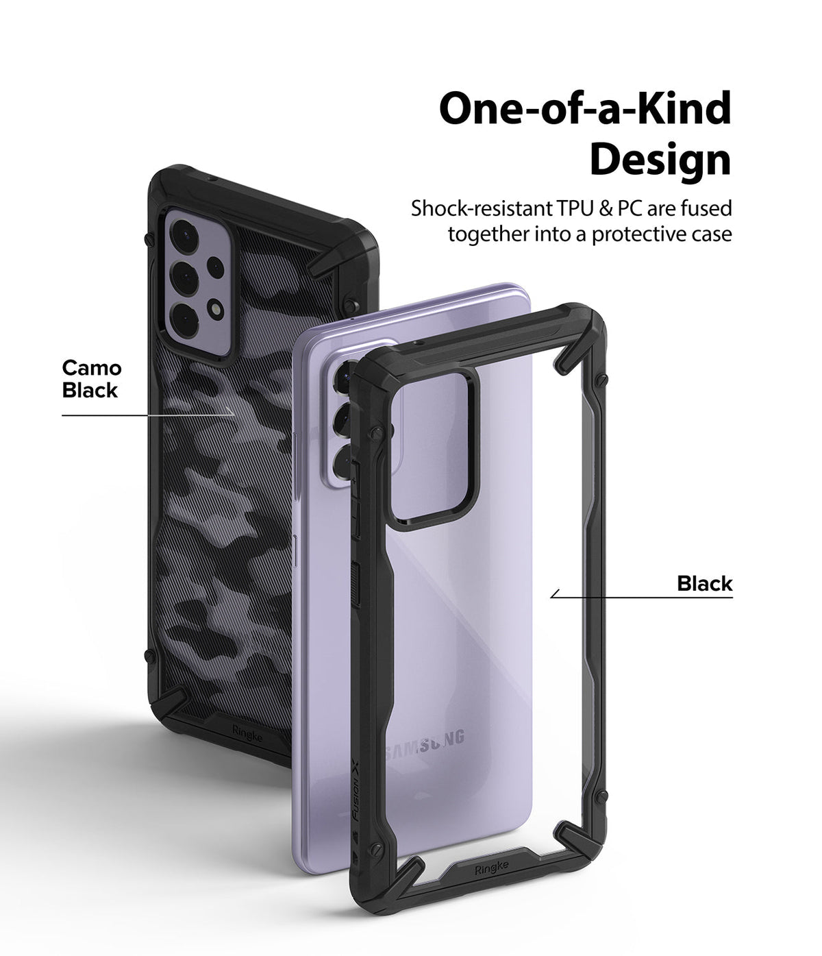 Galaxy A72 Case | Fusion-X - Camo Black and clear black protective phone cases shown with a lavender Galaxy A72 smartphone.