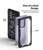 Galaxy A72 Case | Fusion-X - Camo Black and clear black protective phone cases shown with a lavender Galaxy A72 smartphone.