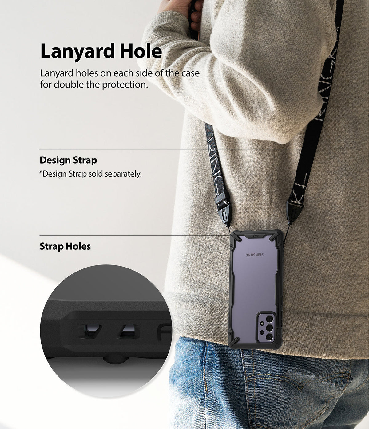 Galaxy A72 Case | Fusion-X - Person wearing a phone case with a lanyard, highlighting dual strap holes for secure attachment.
