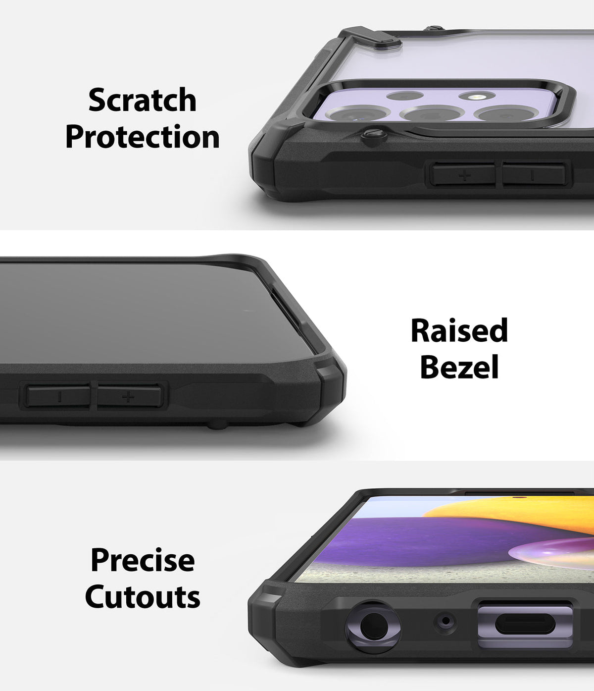 Galaxy A72 Case | Fusion-X - Three close-up views showing camera protection, raised screen bezels, and precise port cutouts.
