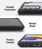 Galaxy A72 Case | Fusion-X - Three close-up views showing camera protection, raised screen bezels, and precise port cutouts.
