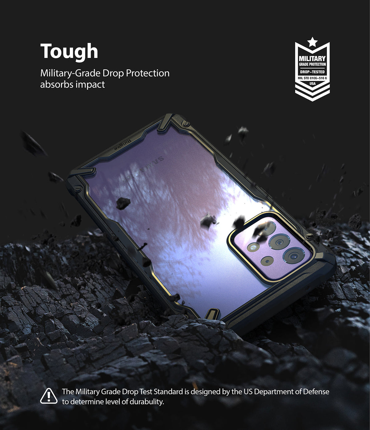 Galaxy A72 Case | Fusion-X - Phone case on dark, rocky ground with military-grade drop protection text and badge.