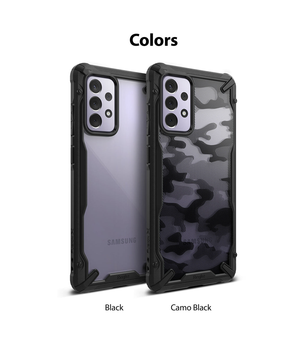Galaxy A72 Case | Fusion-X - Two Samsung Galaxy A72 phones in Black and Camo Black Fusion-X protective cases.