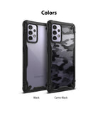 Galaxy A72 Case | Fusion-X - Two Samsung Galaxy A72 phones in Black and Camo Black Fusion-X protective cases.