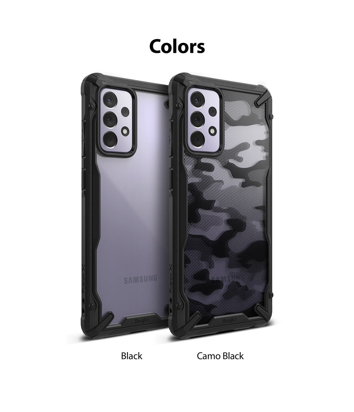 Galaxy A72 Case | Fusion-X - Two Samsung Galaxy A72 phones in Black and Camo Black Fusion-X cases side by side.