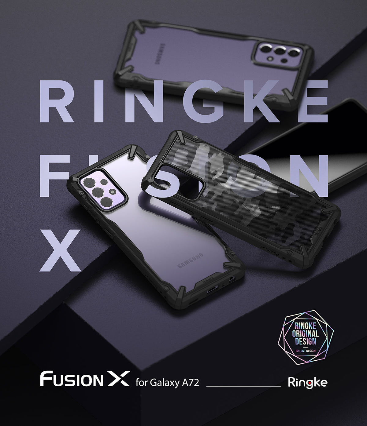 Galaxy A72 Case | Fusion-X - Three Galaxy A72 phones in black Fusion-X cases with clear and camo backs on a dark surface.