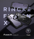 Galaxy A72 Case | Fusion-X - Three Galaxy A72 phones in black Fusion-X cases with clear and camo backs on a dark surface.