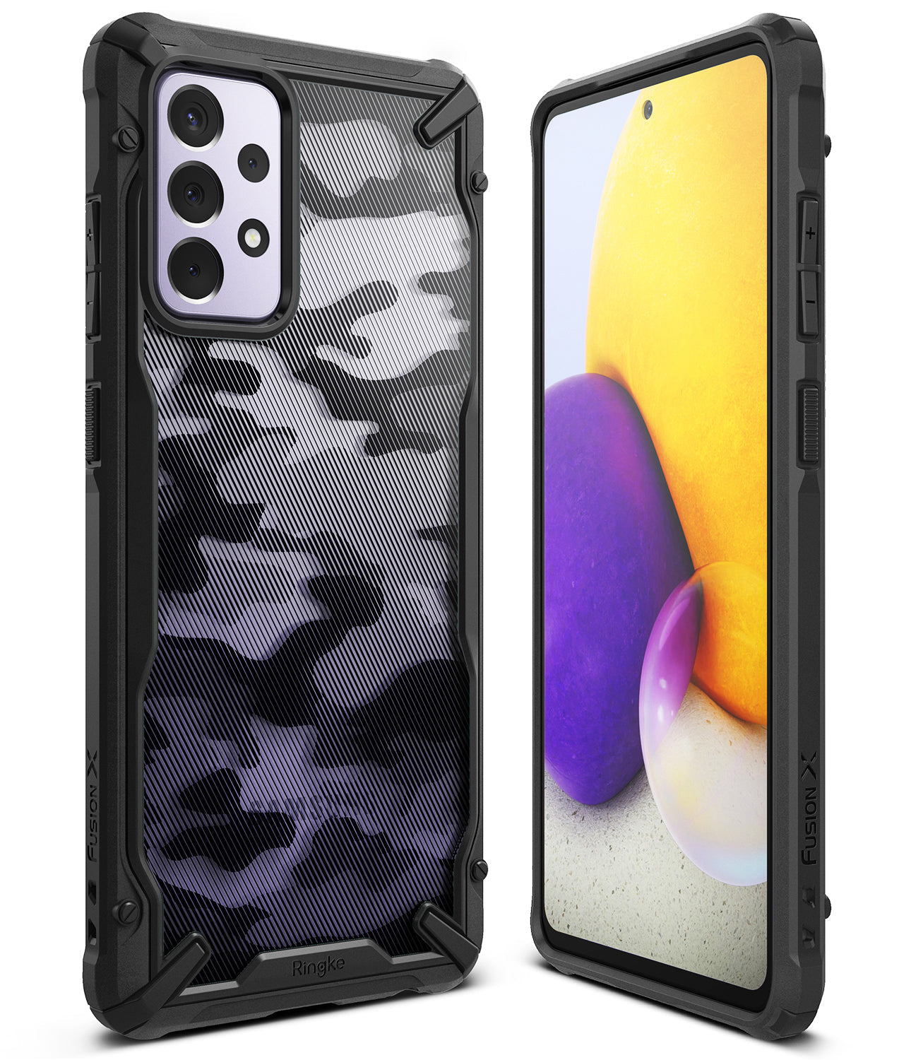 Galaxy A72 Case | Fusion-X - Black rugged phone case with a camouflage back pattern shown from front and back angles.