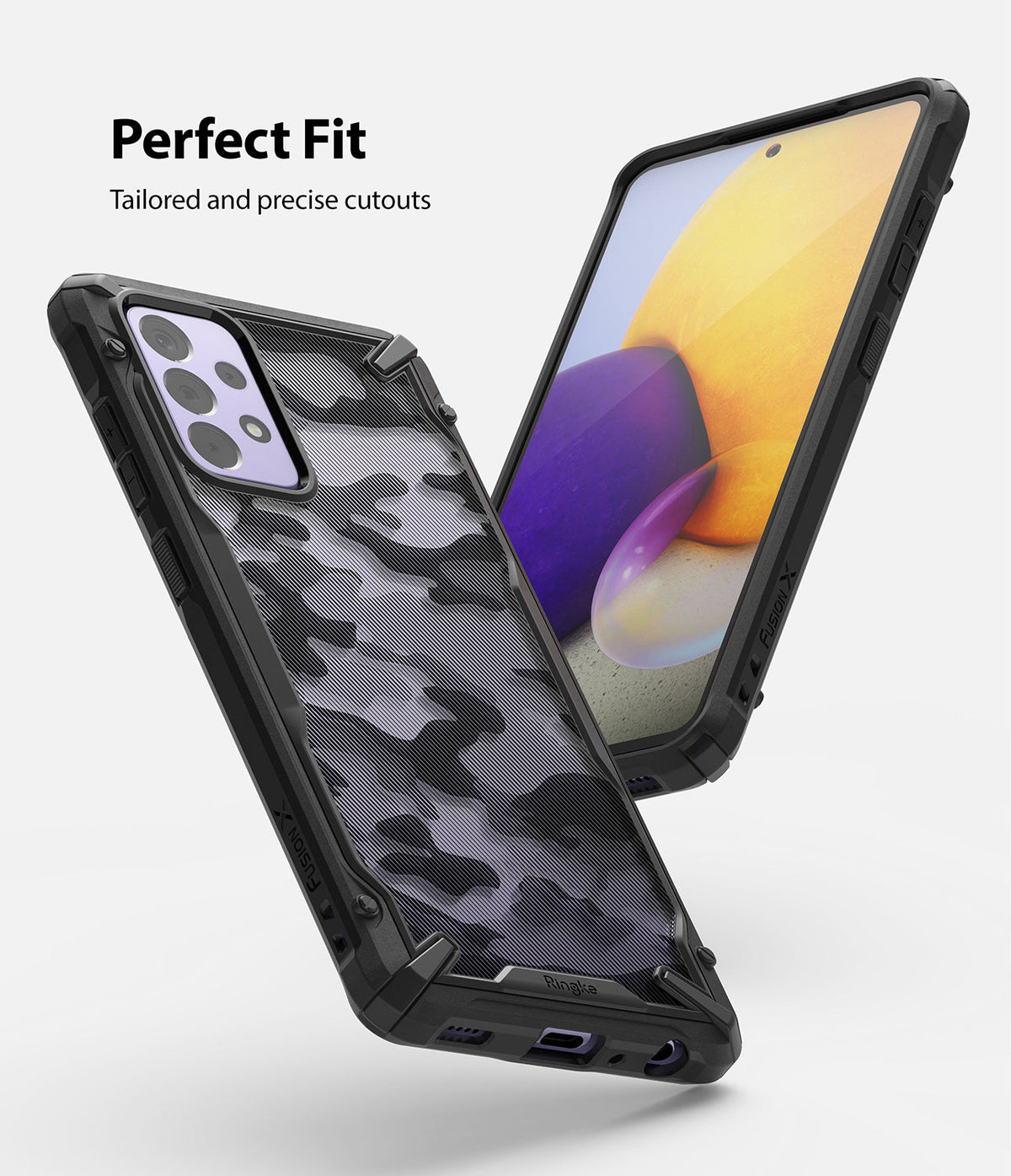 Galaxy A72 Case | Fusion-X - Black camo phone case with precise cutouts shown from front and back angles against a white background.