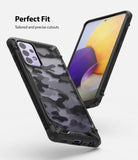 Galaxy A72 Case | Fusion-X - Black camo phone case with precise cutouts shown from front and back angles against a white background.