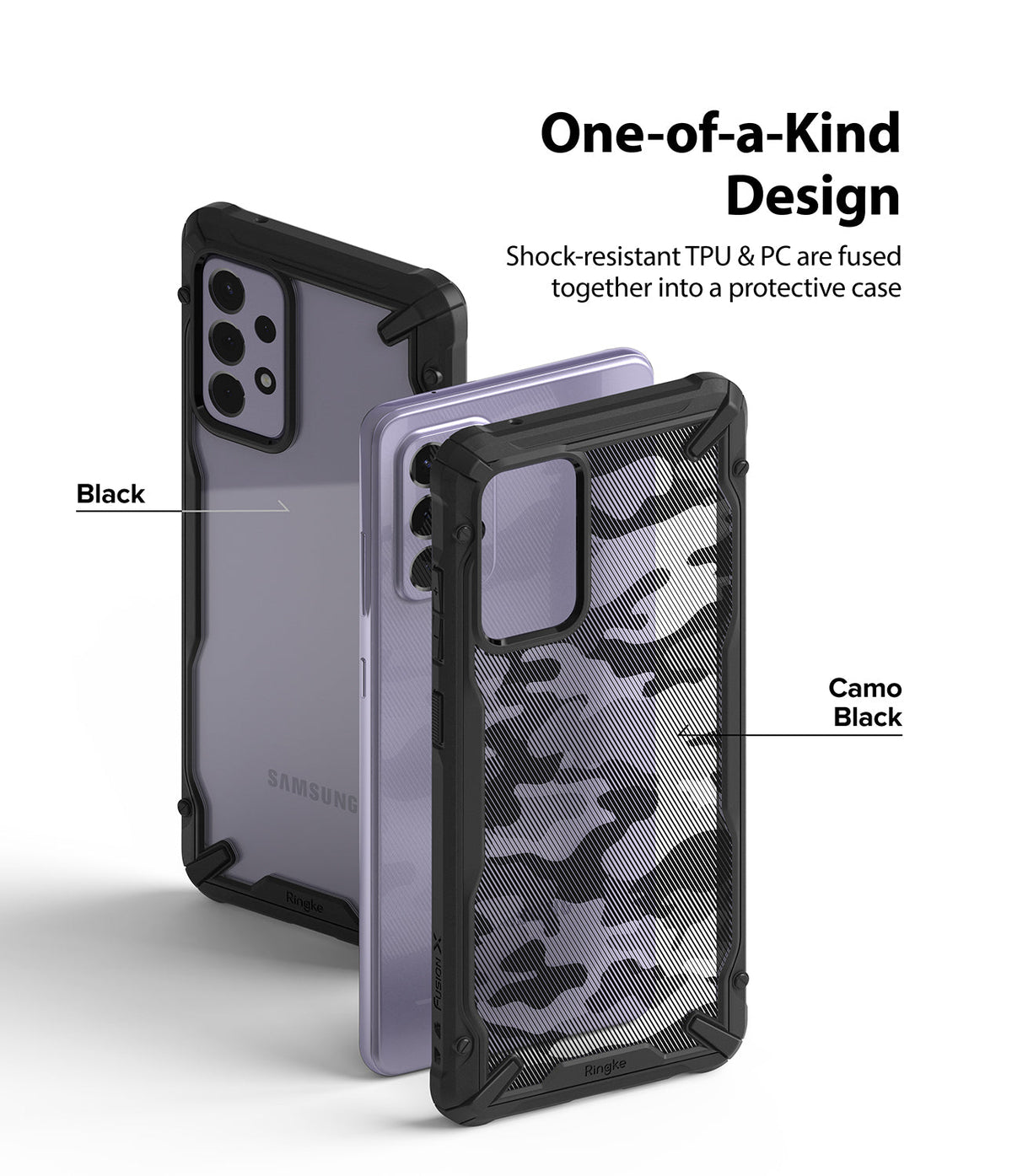 Galaxy A72 Case | Fusion-X - Two Galaxy A72 phones in Black and Camo Black Fusion-X protective cases against a white background.