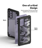 Galaxy A72 Case | Fusion-X - Two Galaxy A72 phones in Black and Camo Black Fusion-X protective cases against a white background.