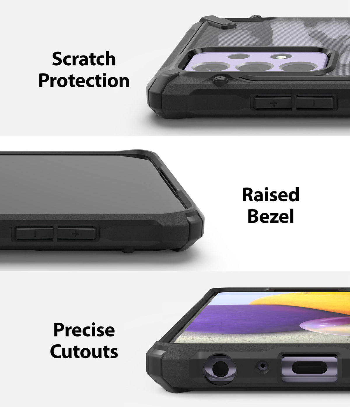 Galaxy A72 Case | Fusion-X - Three close-up views showing scratch protection, raised bezels, and precise port cutouts.