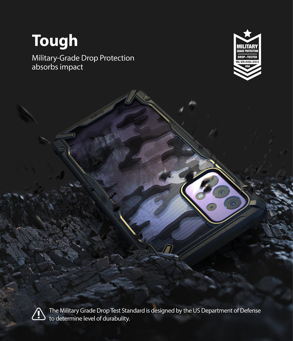Galaxy A72 Case | Fusion-X - Camouflage phone case on rocky surface with military-grade protection badge and impact debris.