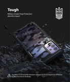 Galaxy A72 Case | Fusion-X - Camouflage phone case on rocky surface with military-grade protection badge and impact debris.