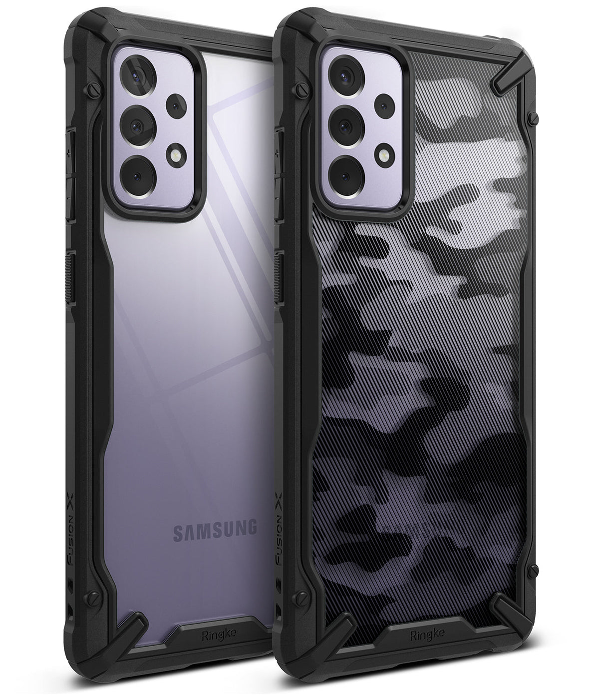 Galaxy A72 Case | Fusion-X - Two Samsung Galaxy A72 phones in black rugged cases, one clear and one with a black camo pattern.