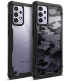Galaxy A72 Case | Fusion-X - Two Samsung Galaxy A72 phones in black rugged cases, one clear and one with a black camo pattern.
