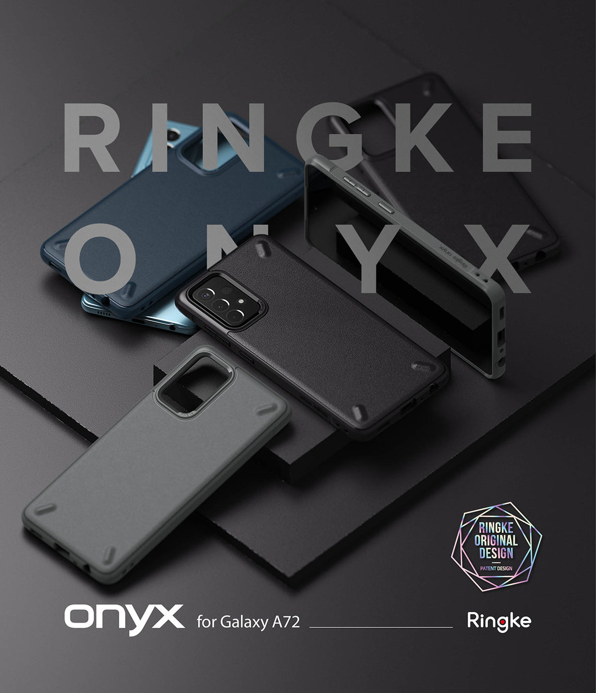 Galaxy A72 Case | Onyx - Multiple black and blue textured phone cases arranged on a dark surface with Ringke branding.