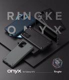 Galaxy A72 Case | Onyx - Multiple black and blue textured phone cases arranged on a dark surface with Ringke branding.