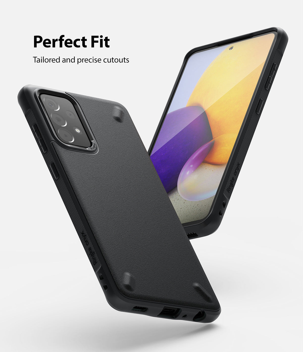 Galaxy A72 Case | Onyx - Black textured phone case showing precise cutouts and camera protection on a Galaxy A72 smartphone.