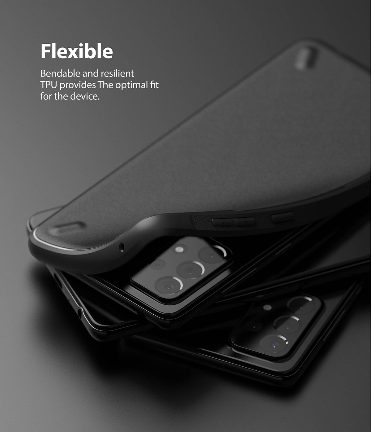 Galaxy A72 Case | Onyx - A flexible black TPU phone case being peeled off a Galaxy A72 smartphone.