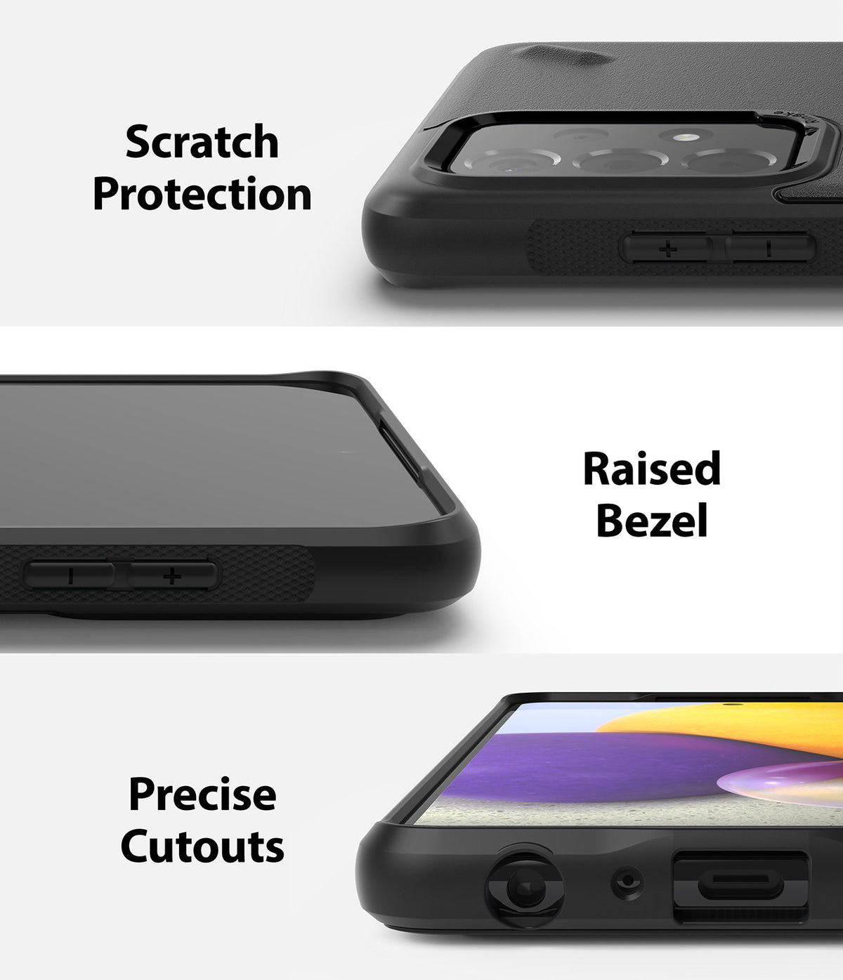 Galaxy A72 Case | Onyx - Three panels showing scratch protection, raised screen bezels, and precise port cutouts.