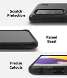 Galaxy A72 Case | Onyx - Three panels showing scratch protection, raised screen bezels, and precise port cutouts.